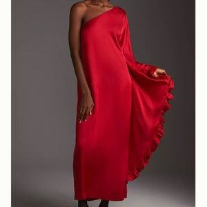 Hutch One Shoulder Red Satiny Long Ruffle Slit Classy Dress XSP XS Petite